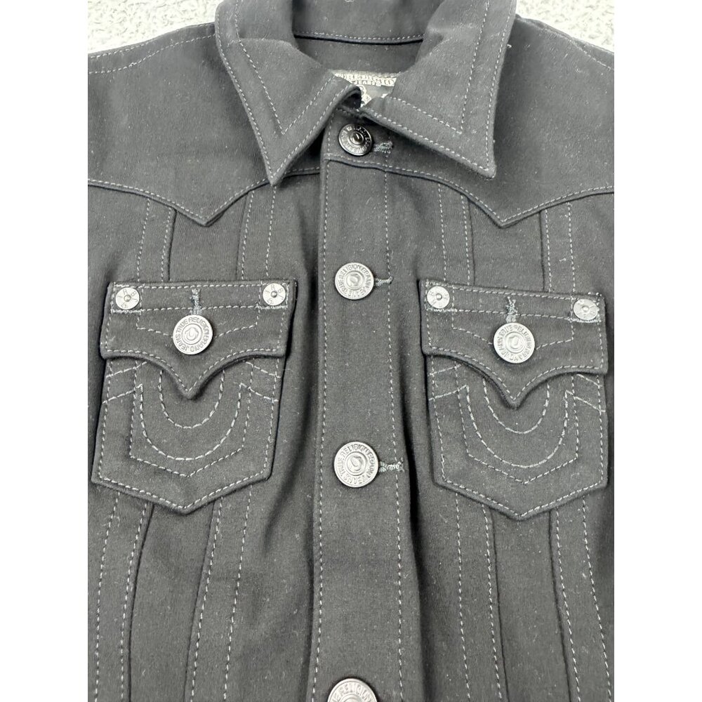 True Religion Womens Black stretch Denim Jacket Size S-M 90s Y2k Gothic Western - Picture 3 of 12